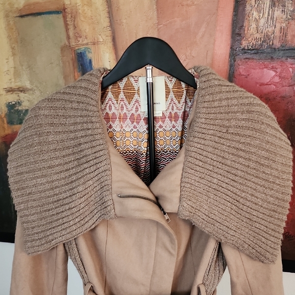 Elevenses Anthropologie Wool Blend Tan Trench Coat with Knit Accents - Picture 2 of 13